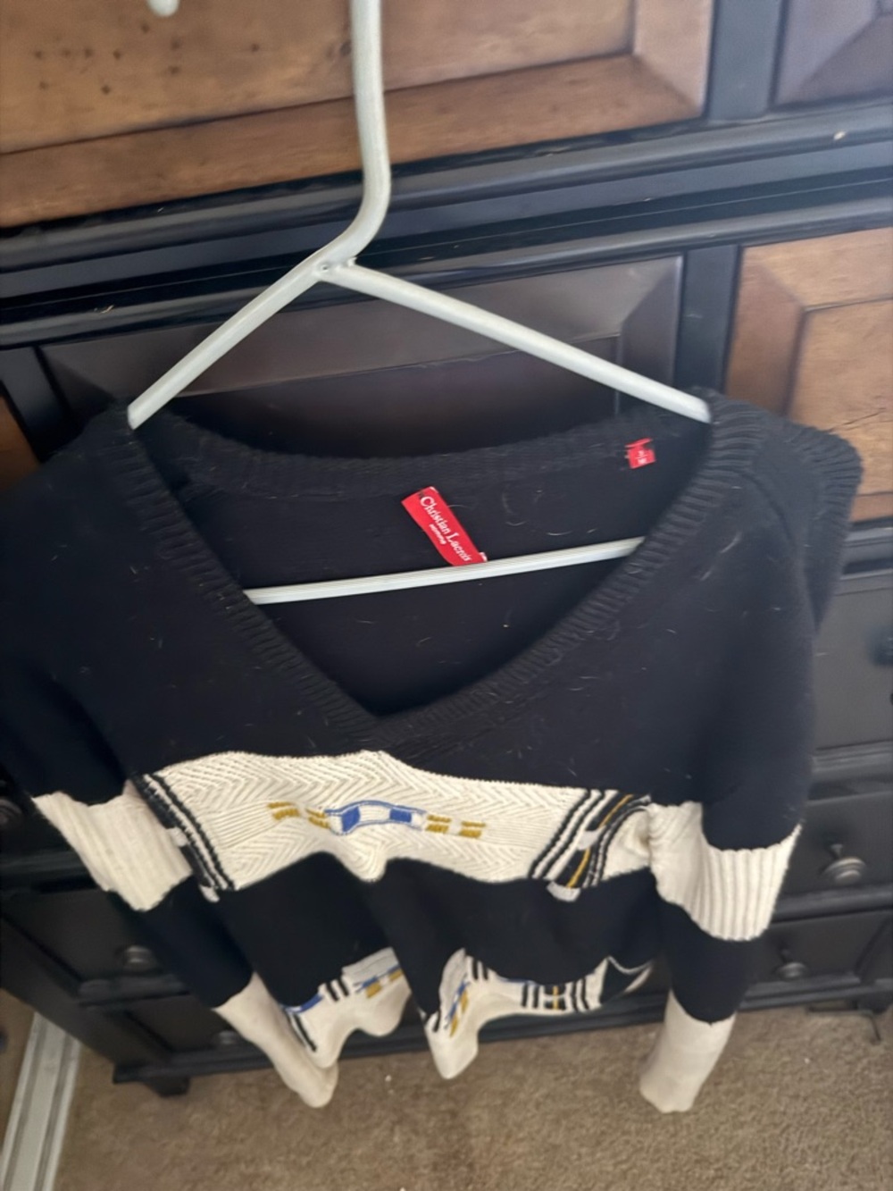 Christian Lacroix Black V-Neck Sweater with Cream and Gold Accent Stripes